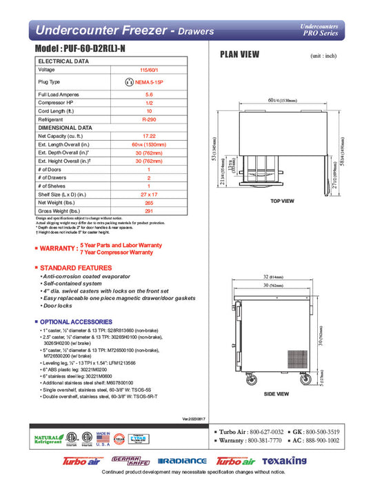 Turbo Air PUF-60-D2R-N 60 1/4" W Undercounter Freezer w/ 2 Sections, 1 Door & 2 Drawers - Donut-Equipment.com