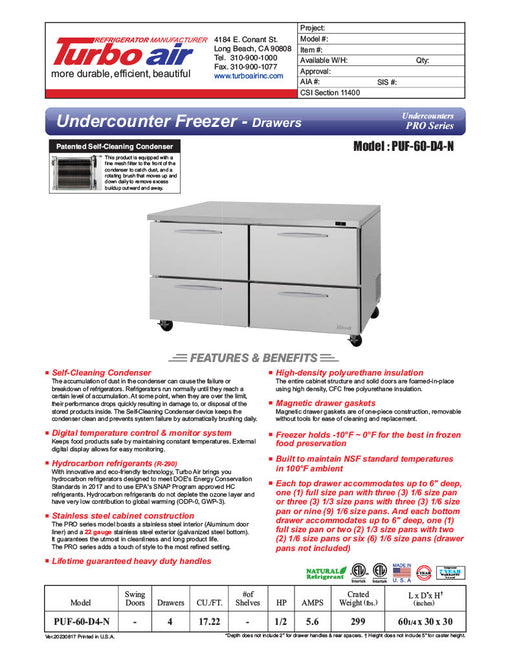 Turbo Air PUF-60-D4-N 60 1/4" W Undercounter Freezer w/ 2 Sections & 4 Drawers - Donut-Equipment.com