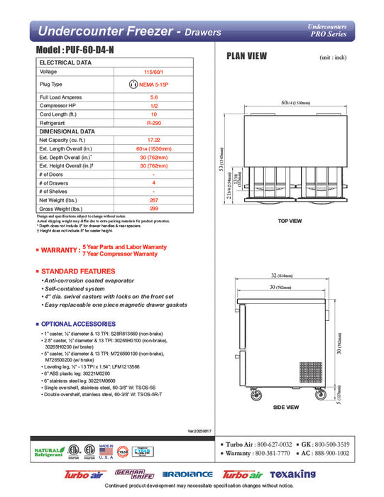 Turbo Air PUF-60-D4-N 60 1/4" W Undercounter Freezer w/ 2 Sections & 4 Drawers - Donut-Equipment.com