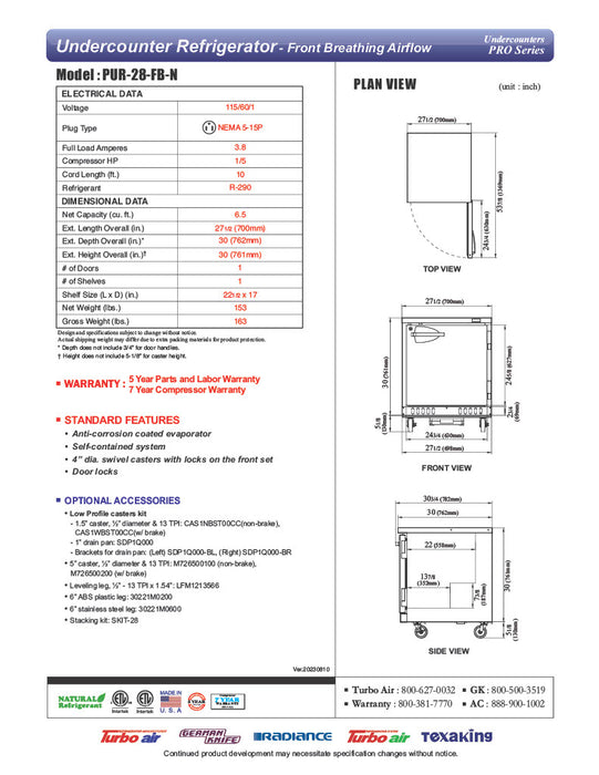 Turbo Air PUR-28-FB-N 27 1/2" W Undercounter Refrigerator w/ 1 Section Front Breathing - Donut-Equipment.com