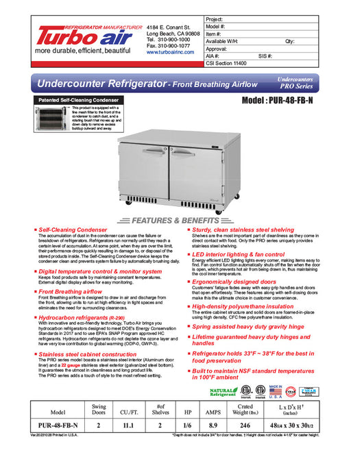 Turbo Air PUR-48-FB-N 48 1/4" W Undercounter Refrigerator w/ (2) Section & (2) Doors, Front Breathing - Donut-Equipment.com