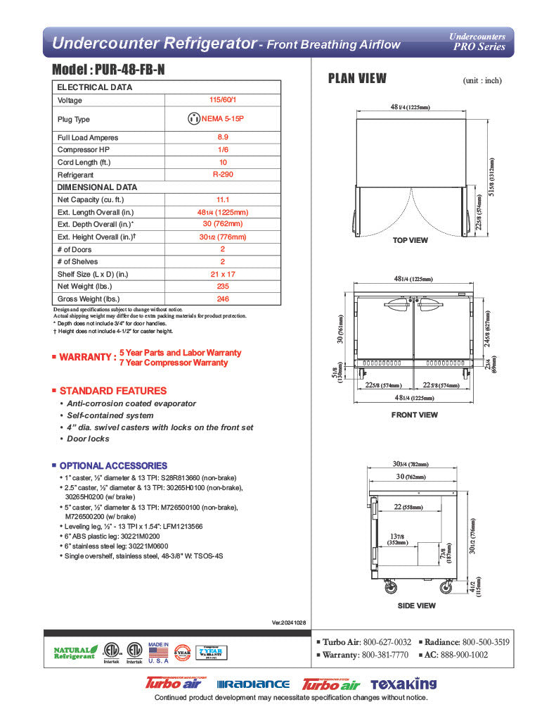 Turbo Air PUR-48-FB-N 48 1/4" W Undercounter Refrigerator w/ (2) Section & (2) Doors, Front Breathing - Donut-Equipment.com