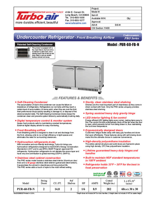Turbo Air PUR-60-FB-N 60 1/4" W Undercounter Refrigerator w/ 2 Section & 2 Doors, Front Breathing - Donut-Equipment.com