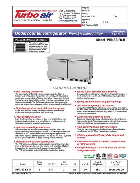 Turbo Air PUR-60-FB-N 60 1/4" W Undercounter Refrigerator w/ 2 Section & 2 Doors, Front Breathing - Donut-Equipment.com