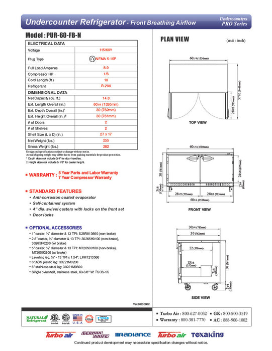 Turbo Air PUR-60-FB-N 60 1/4" W Undercounter Refrigerator w/ 2 Section & 2 Doors, Front Breathing - Donut-Equipment.com