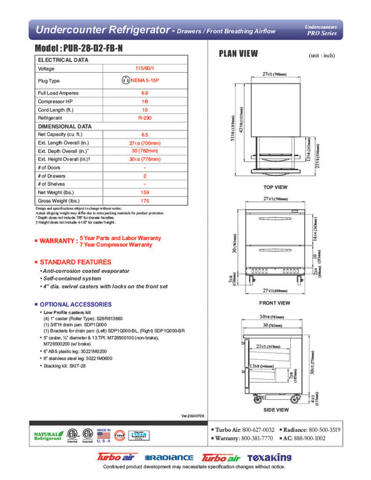 Turbo Air PUR-28-D2-FB-N 27 1/2" W Undercounter Refrigerator w/ 1 Section & 2 Drawers, Front Breathing - Donut-Equipment.com