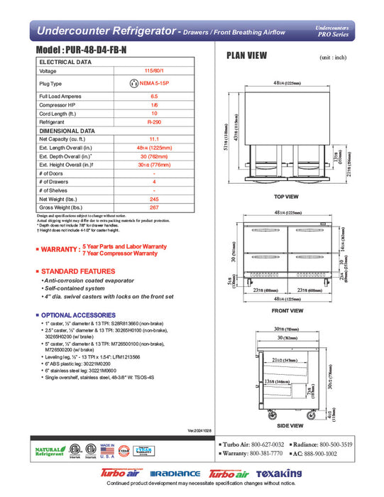 Turbo Air PUR-48-D4-FB-N 48 1/4" W Undercounter Refrigerator w/ (2) Section & (4) Drawers, Front Breathing - Donut-Equipment.com