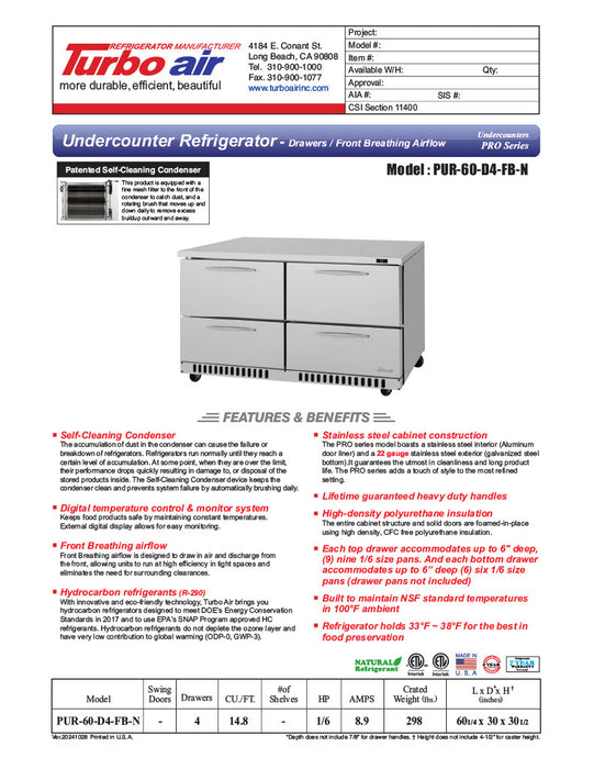 Turbo Air PUR-60-D4-FB-N 60 1/4" W Undercounter Refrigerator w/ 2 Section & 4 Drawers, Front Breathing - Donut-Equipment.com
