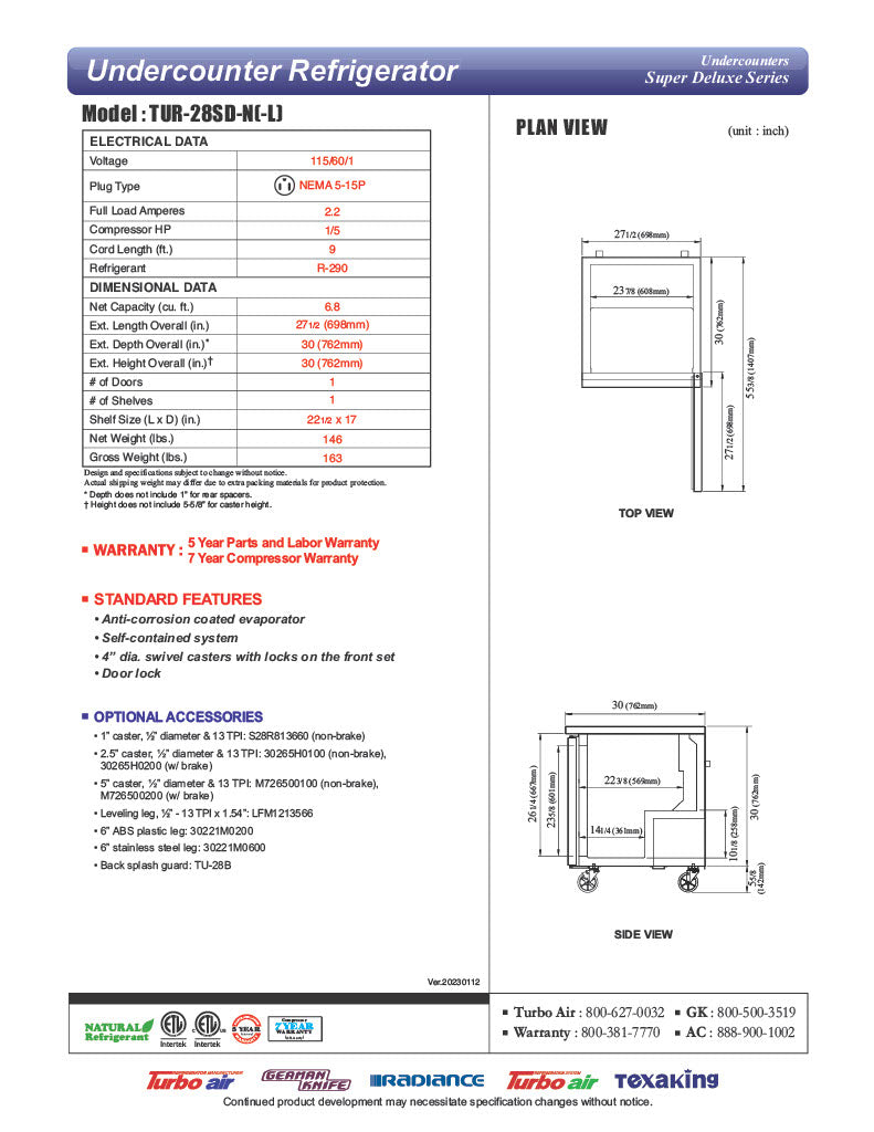 Turbo Air TUR-28SD-N 27 1/2" W Undercounter Refrigerator w/ 1 Section & 1 Door - Donut-Equipment.com