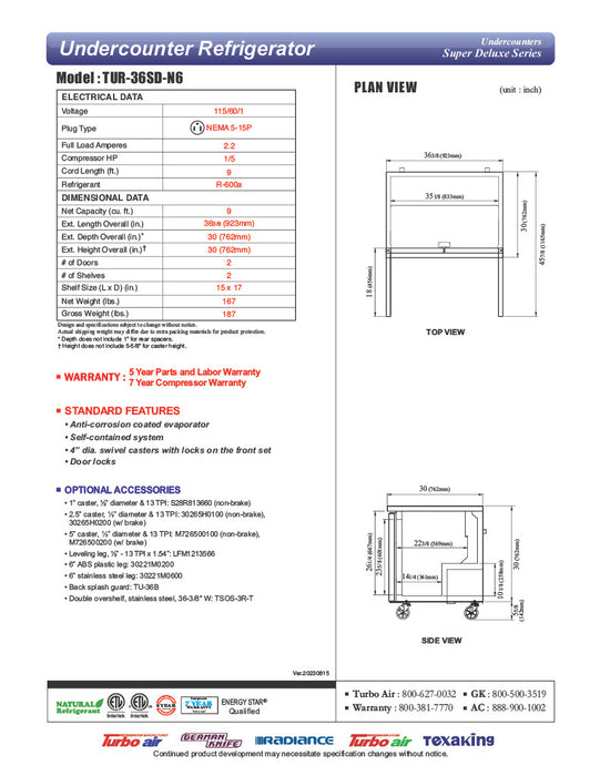 Turbo Air TUR-36SD-N6 36 1/4" W Undercounter Refrigerator w/ 2 Sections & 2 Doors - Donut-Equipment.com