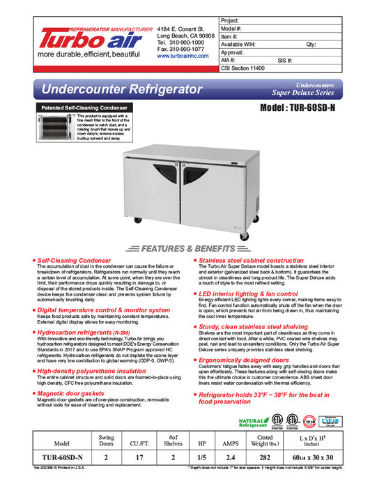 Turbo Air TUR-60SD-N 60 1/4" W Undercounter Refrigerator w/ 2 Section & 2 Doors - Donut-Equipment.com