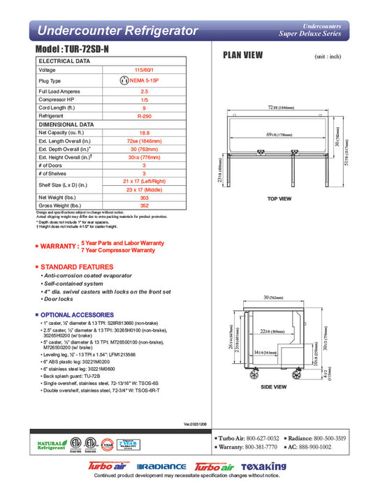 Turbo Air TUR-72SD-N 72 5/8" W Undercounter Refrigerator w/ 3 Section & 3 Doors - Donut-Equipment.com