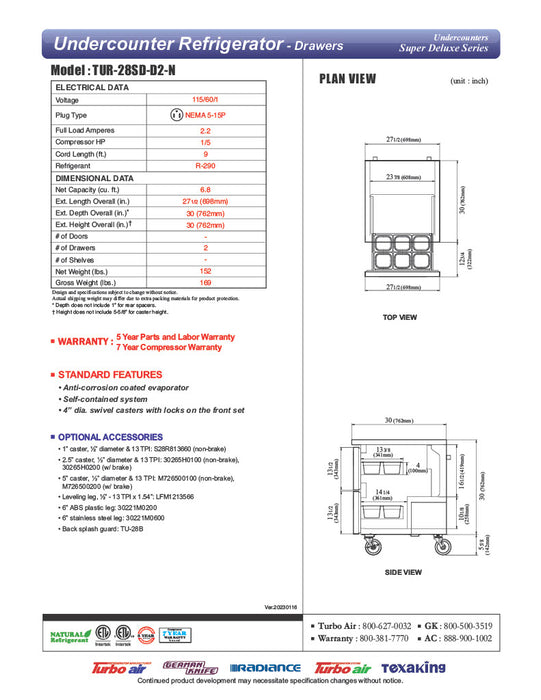 Turbo Air TUR-28SD-D2-N 27 1/2" W Undercounter Refrigerator w/ 1 Section & 2 Drawers - Donut-Equipment.com
