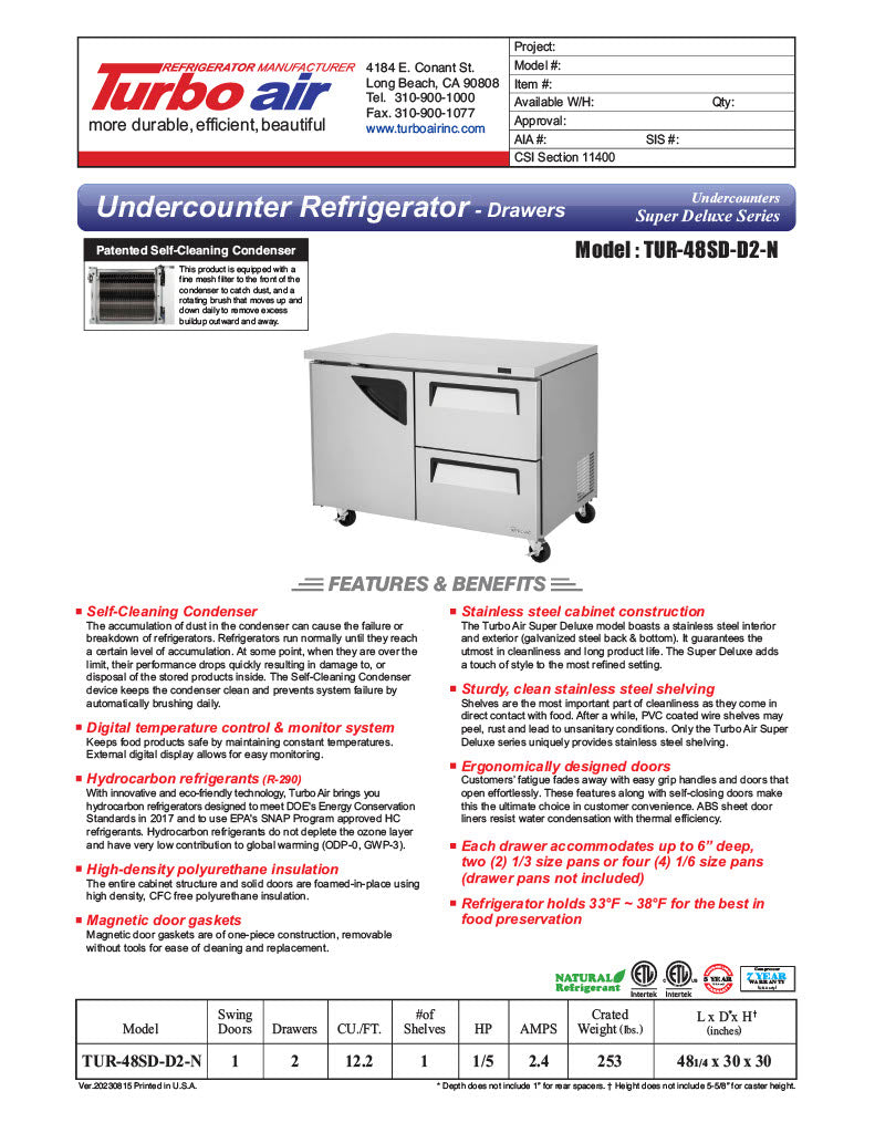 Turbo Air TUR-48SD-D2-N 48 1/4" W Undercounter Refrigerator w/ 2 Sections, 1 Door & 2 Drawers - Donut-Equipment.com