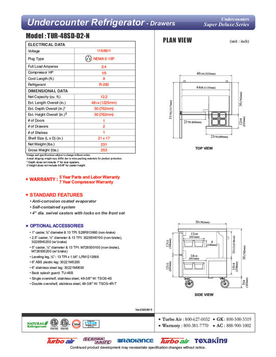 Turbo Air TUR-48SD-D2-N 48 1/4" W Undercounter Refrigerator w/ 2 Sections, 1 Door & 2 Drawers - Donut-Equipment.com
