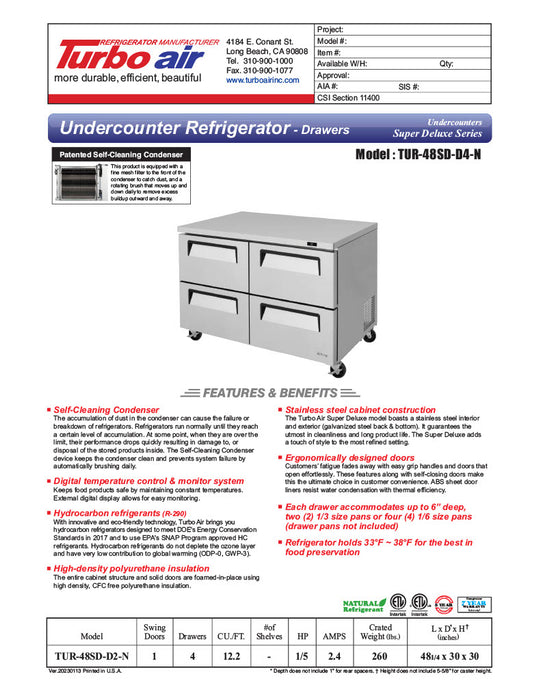 Turbo Air TUR-48SD-D4-N 48 1/4" W Undercounter Refrigerator w/ 2 Sections & 4 Drawers - Donut-Equipment.com