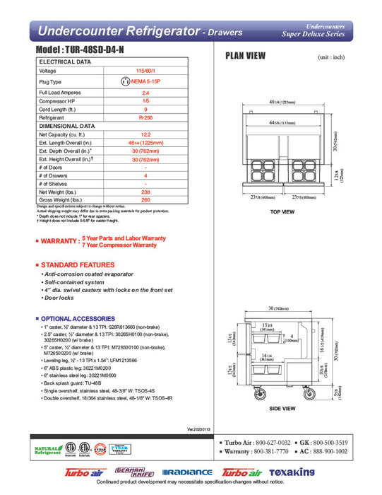 Turbo Air TUR-48SD-D4-N 48 1/4" W Undercounter Refrigerator w/ 2 Sections & 4 Drawers - Donut-Equipment.com