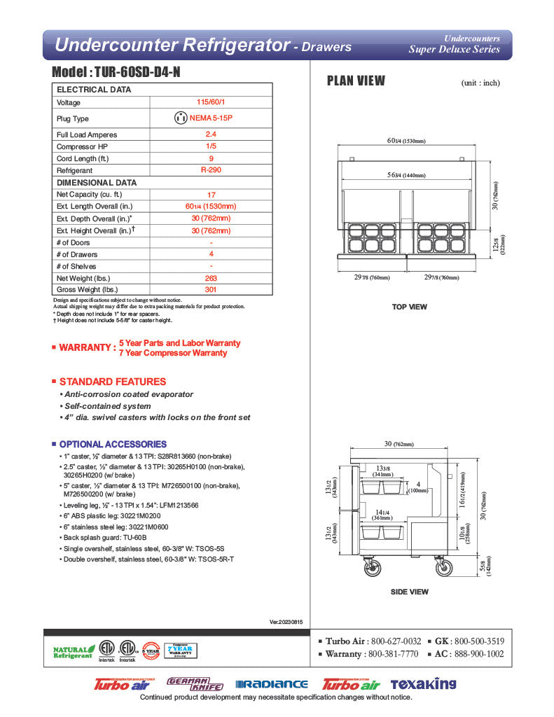Turbo Air TUR-60SD-D4-N 60 1/4" W Undercounter Refrigerator w/ 2 Sections & 4 Drawers - Donut-Equipment.com