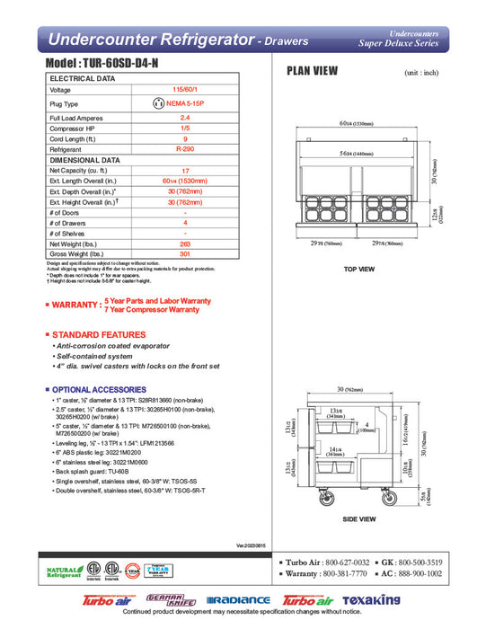 Turbo Air TUR-60SD-D4-N 60 1/4" W Undercounter Refrigerator w/ 2 Sections & 4 Drawers - Donut-Equipment.com