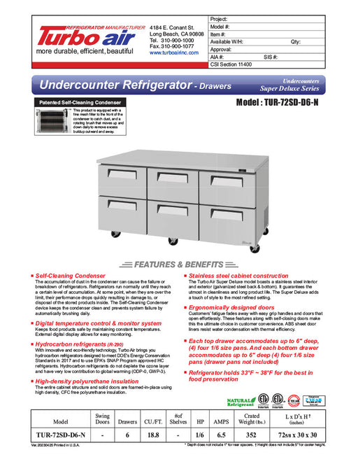 Turbo Air TUR-72SD-D6-N 72 1/4" W Undercounter Refrigerator w/ 2 Sections & 6 Drawers - Donut-Equipment.com
