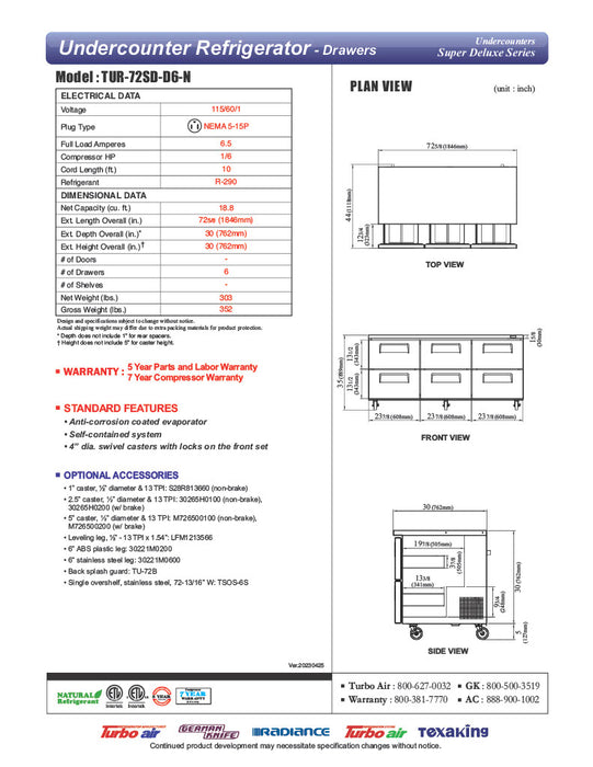 Turbo Air TUR-72SD-D6-N 72 1/4" W Undercounter Refrigerator w/ 2 Sections & 6 Drawers - Donut-Equipment.com