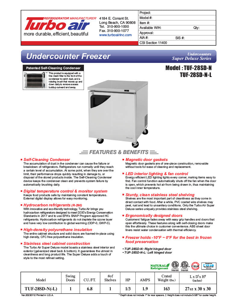 Turbo Air TUF-28SD-N 27 1/2" W Undercounter Freezer w/ (1) Section & (1) Door - Donut-Equipment.com