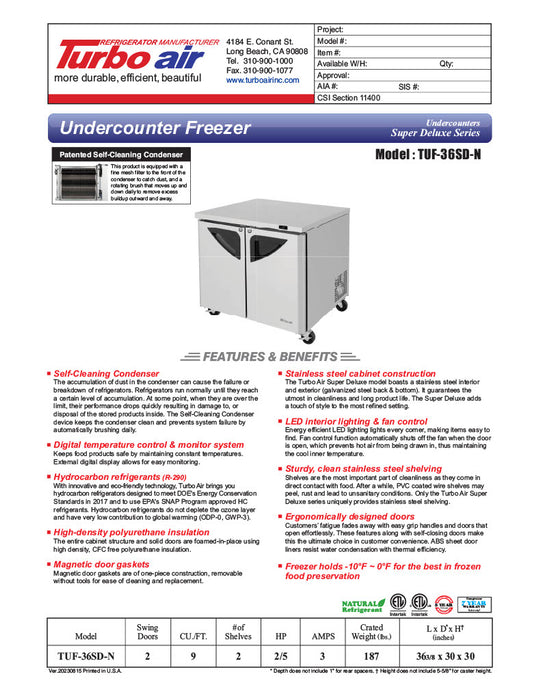 Turbo Air TUF-36SD-N 36 1/4" W Undercounter Freezer w/ 2 Sections & 2 Doors - Donut-Equipment.com