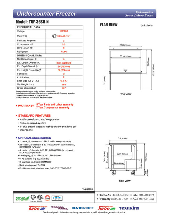 Turbo Air TUF-36SD-N 36 1/4" W Undercounter Freezer w/ 2 Sections & 2 Doors - Donut-Equipment.com