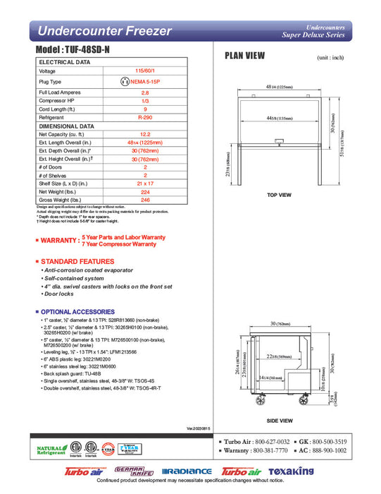 Turbo Air TUF-48SD-N 48 1/4" W Undercounter Freezer w/ 2 Sections & 2 Doors - Donut-Equipment.com