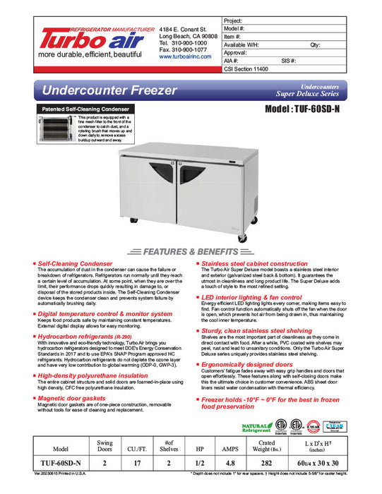 Turbo Air TUF-60SD-N 60 1/4" W Undercounter Freezer w/ 2 Sections & 2 Doors - Donut-Equipment.com