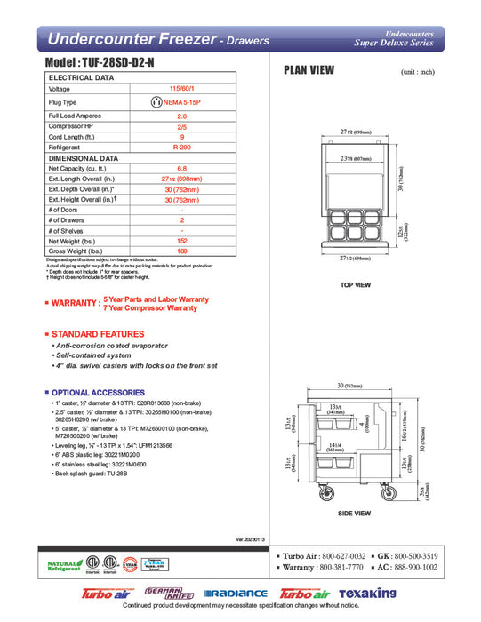 Turbo Air TUF-28SD-D2-N 27 1/2" W Undercounter Freezer w/ 1 Section & 2 Drawers - Donut-Equipment.com