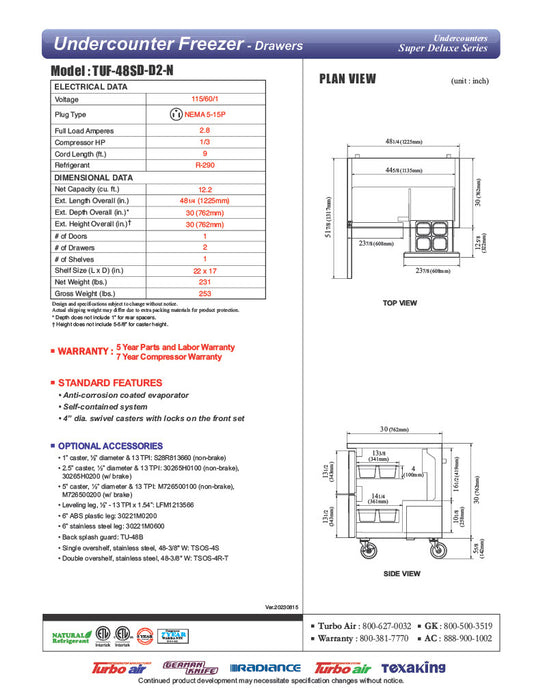 Turbo Air TUF-48SD-D2-N 48 1/4" W Undercounter Freezer w/ 2 Sections, 1 Door & 2 Drawers - Donut-Equipment.com