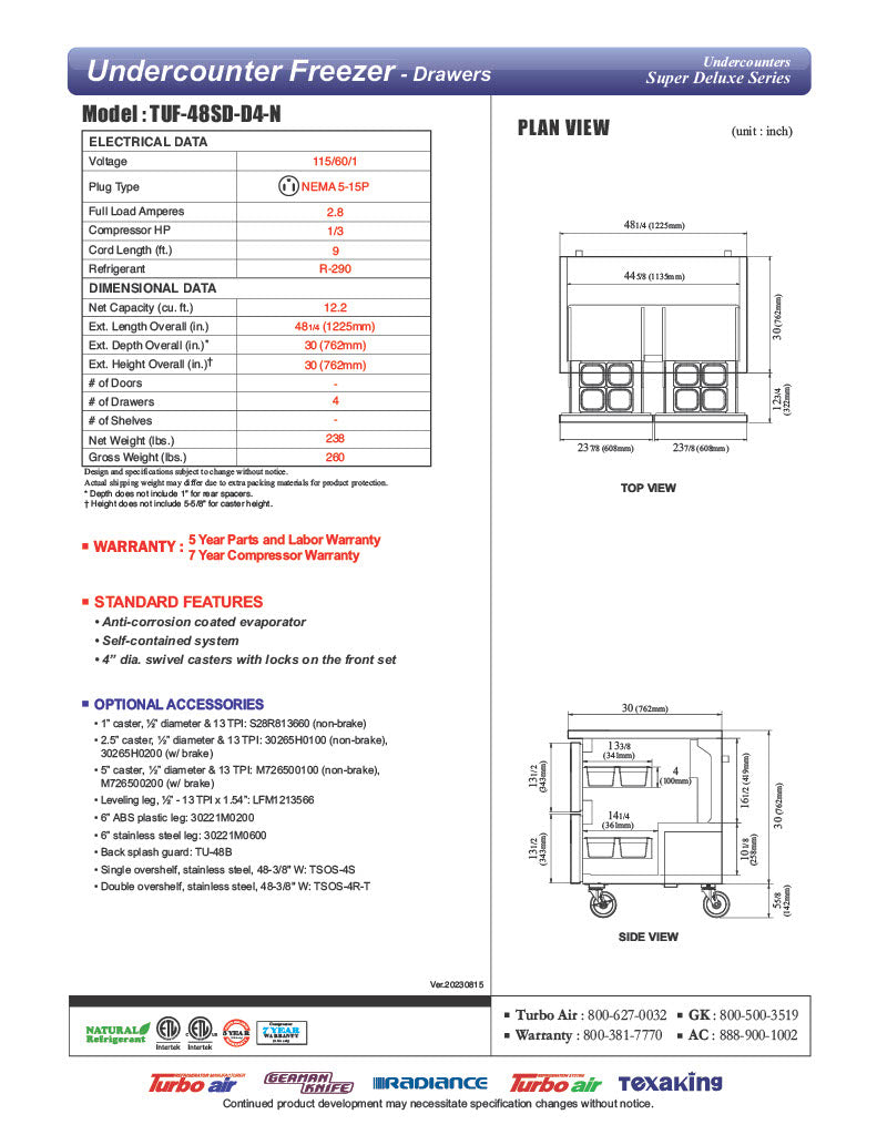 Turbo Air TUF-48SD-D4-N 48 1/4" W Undercounter Freezer w/ 2 Sections & 4 Drawers - Donut-Equipment.com
