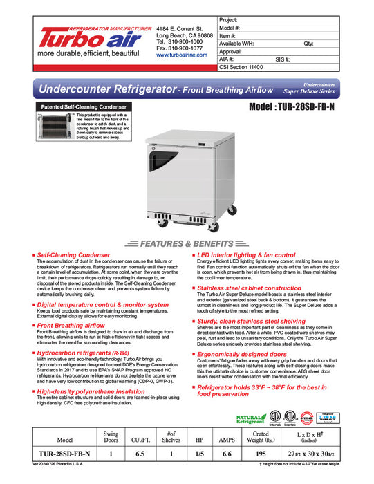 Turbo Air TUR-28SD-FB-N 27" 1-Section Undercounter Refrigerator w/ 1 Door - Donut-Equipment.com