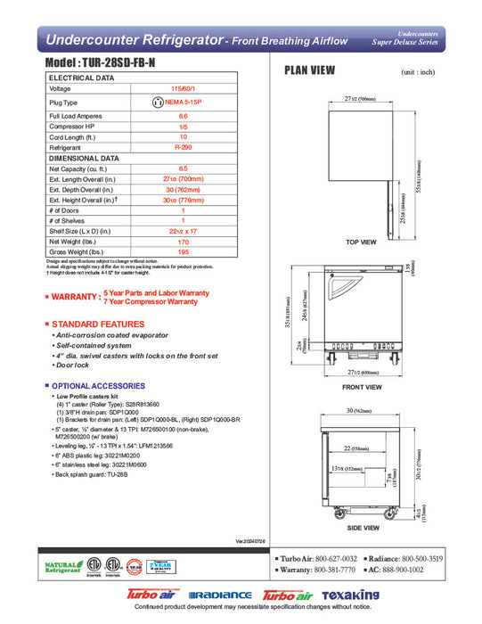 Turbo Air TUR-28SD-FB-N 27" 1-Section Undercounter Refrigerator w/ 1 Door - Donut-Equipment.com