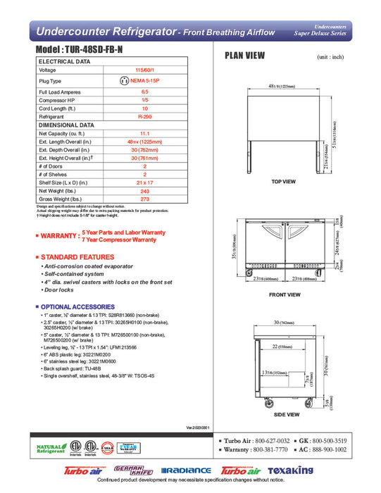 Turbo Air TUR-48SD-FB-N 48 1/4" W Undercounter Refrigerator w/ 2 Sections, Solid Doors, Front Breathing - Donut-Equipment.com