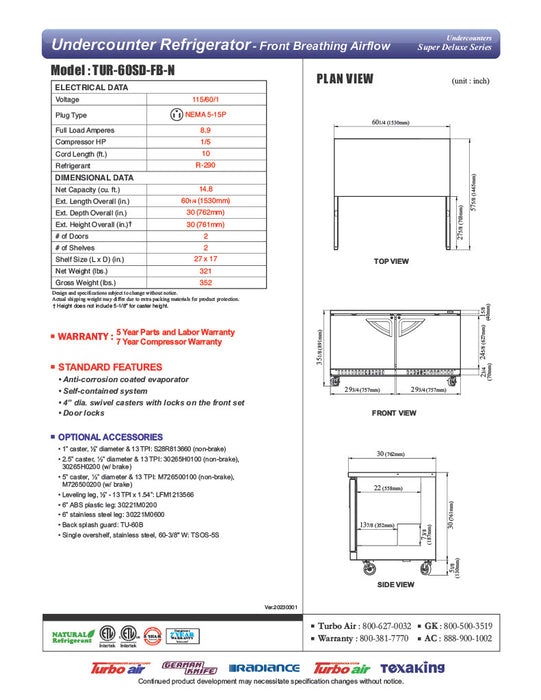 Turbo Air TUR-60SD-FB-N 60 1/4" W Undercounter Refrigerator w/ 2 Sections, Solid Doors & Front Breathing - Donut-Equipment.com
