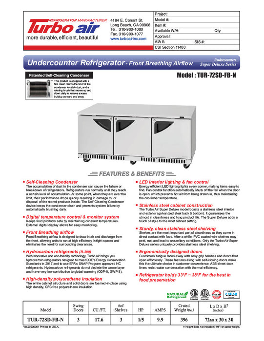 Turbo Air TUR-72SD-FB-N 72 1/4" W Undercounter Refrigerator w/ 3 Sections, Solid Doors & Front Breathing - Donut-Equipment.com