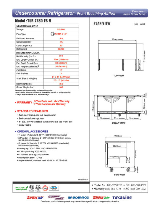 Turbo Air TUR-72SD-FB-N 72 1/4" W Undercounter Refrigerator w/ 3 Sections, Solid Doors & Front Breathing - Donut-Equipment.com