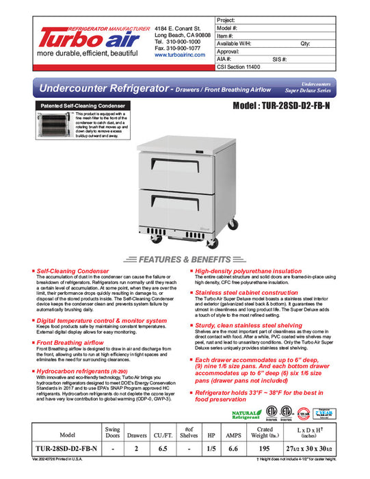 Turbo Air TUR-28SD-D2-FB-N 27 1/2" W Undercounter Refrigerator w/ 1 Section, 2 Drawers & Front Breathing - Donut-Equipment.com