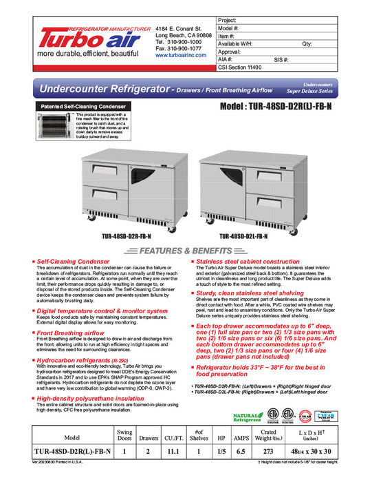 Turbo Air TUR-48SD-D2R(L)-FB-N 48 1/4" W Undercounter Refrigerator w/ 2 Drawers, 1 Door & Front Breathing - Donut-Equipment.com