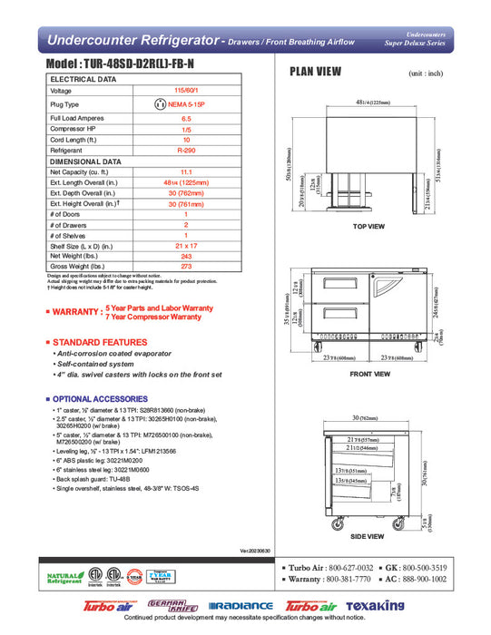 Turbo Air TUR-48SD-D2R(L)-FB-N 48 1/4" W Undercounter Refrigerator w/ 2 Drawers, 1 Door & Front Breathing - Donut-Equipment.com