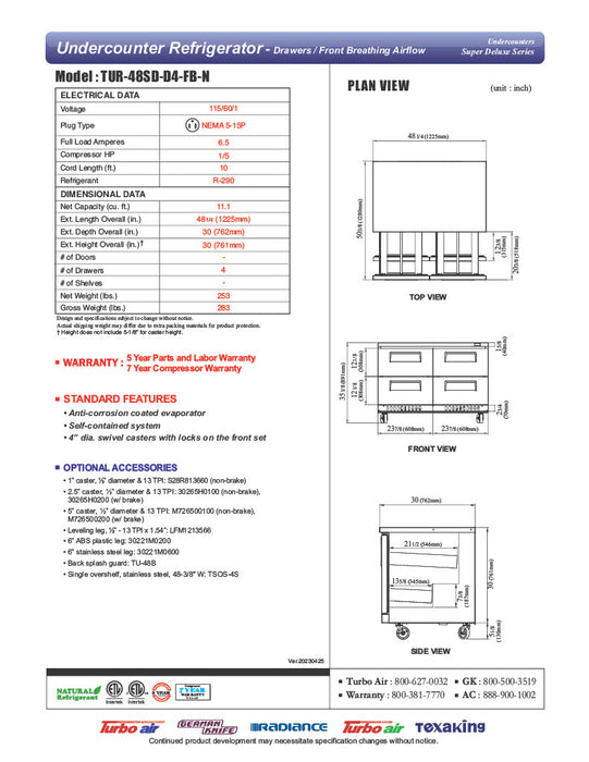 Turbo Air TUR-48SD-D4-FB-N 48 1/4" W Undercounter Refrigerator w/ 2 Sections, 4 Drawers & Front Breathing - Donut-Equipment.com