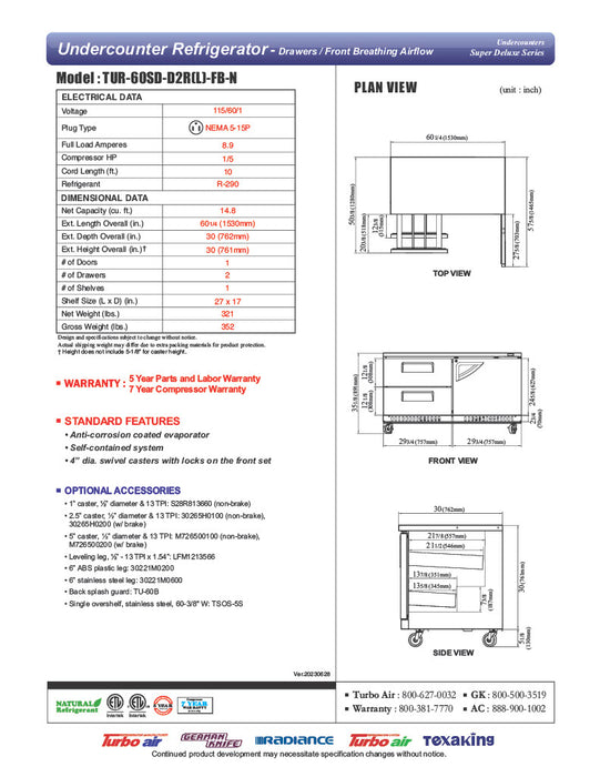 Turbo Air TUR-60SD-D2R(L)-FB-N 60 1/4" W Undercounter Refrigerator w/ 2 Drawers, 1 Door & Front Breathing - Donut-Equipment.com
