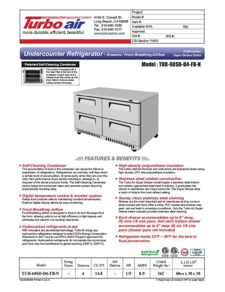 Turbo Air TUR-60SD-D4-FB-N 60 1/4" W Undercounter Refrigerator w/ 2 Sections, 4 Drawers & Front Breathing - Donut-Equipment.com