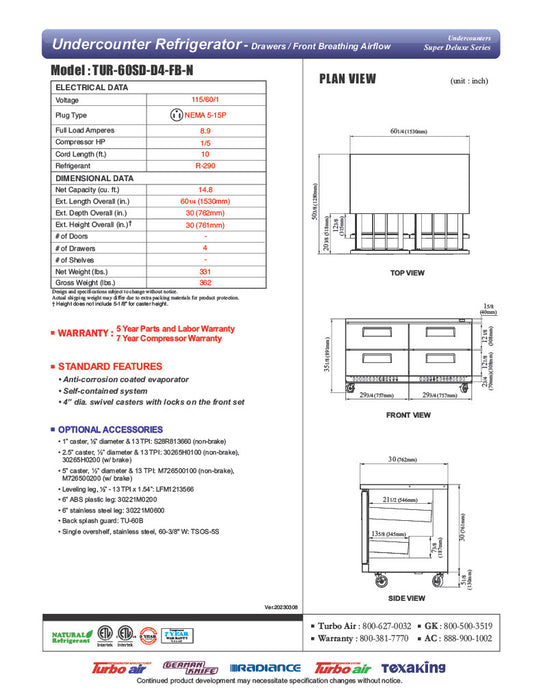 Turbo Air TUR-60SD-D4-FB-N 60 1/4" W Undercounter Refrigerator w/ 2 Sections, 4 Drawers & Front Breathing - Donut-Equipment.com