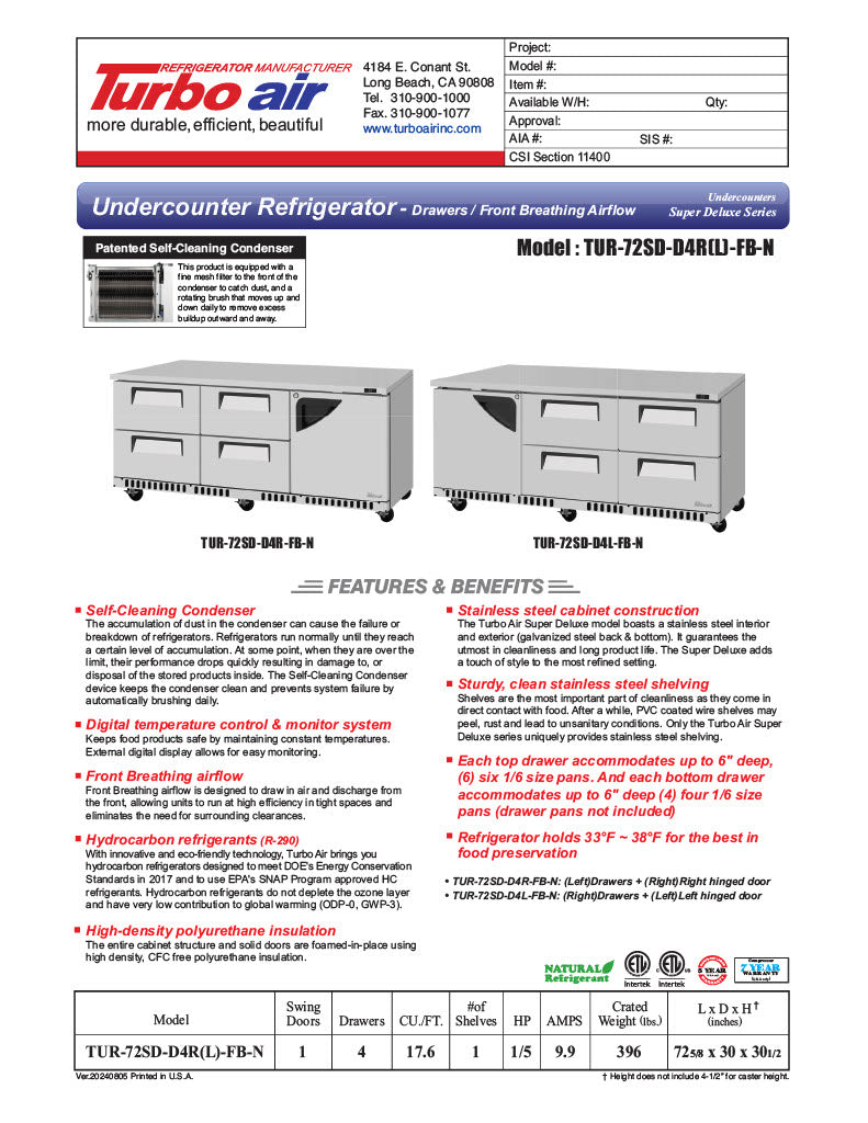 Turbo Air TUR-72SD-D4R(L)-FB-N 72 1/4" W Undercounter Refrigerator w/ 4 Drawers, 1 Door & Front Breathing - Donut-Equipment.com