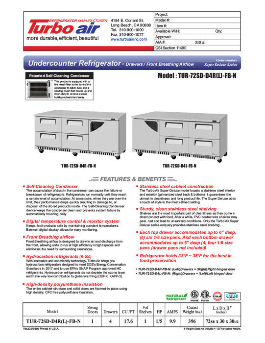 Turbo Air TUR-72SD-D4R(L)-FB-N 72 1/4" W Undercounter Refrigerator w/ 4 Drawers, 1 Door & Front Breathing - Donut-Equipment.com
