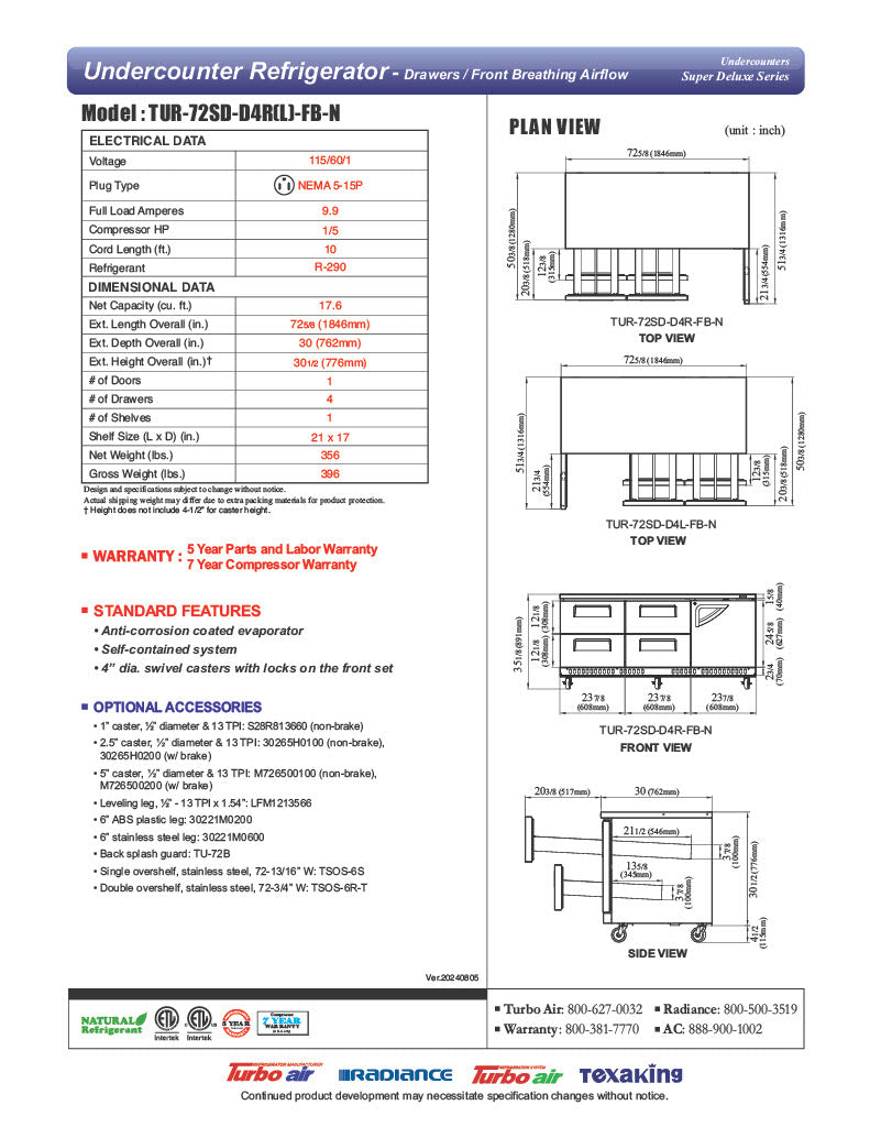 Turbo Air TUR-72SD-D4R(L)-FB-N 72 1/4" W Undercounter Refrigerator w/ 4 Drawers, 1 Door & Front Breathing - Donut-Equipment.com