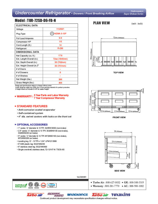 Turbo Air TUR-72SD-D6-FB-N 72 1/4" W Undercounter Refrigerator w/ 3 Sections, 6 Drawers & Front Breathing - Donut-Equipment.com